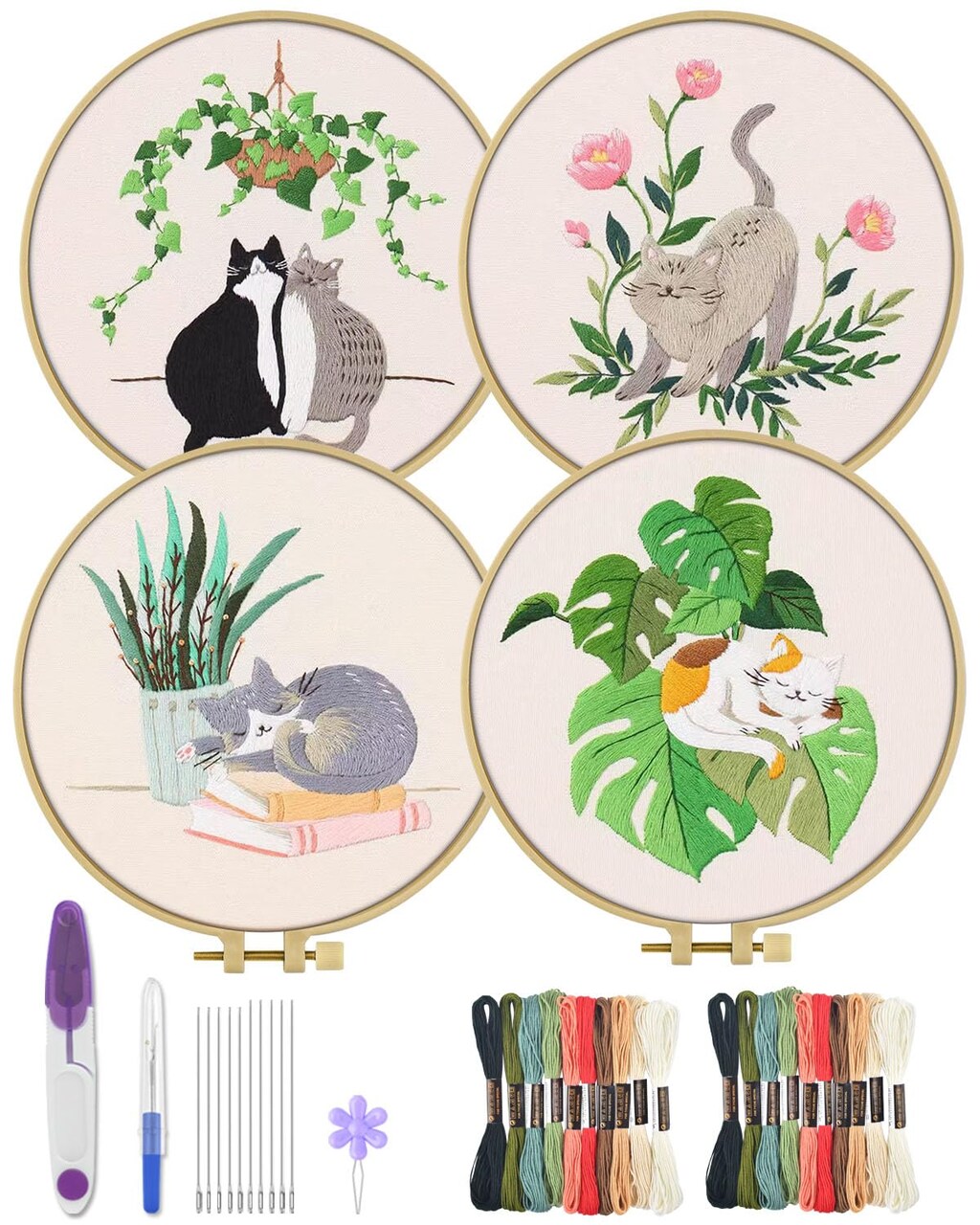 4 Sets Embroidery Kit for Beginners,Hummingbird and Flower Cross Stitch Set for Include Embroidery Cloth Hoops Threads for Craft Lover Hand Stitch (Cat)